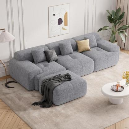 Sofá seccional en forma de L, robusto y tapizado (122 pulgadas) – Sofá moderno de 4 plazas en tejido tipo chenilla, modelo tipo «nube»; sofá convertible preensamblado con brazos fijos, tela transpirable y otomana configurable para la sala de estar. La oto