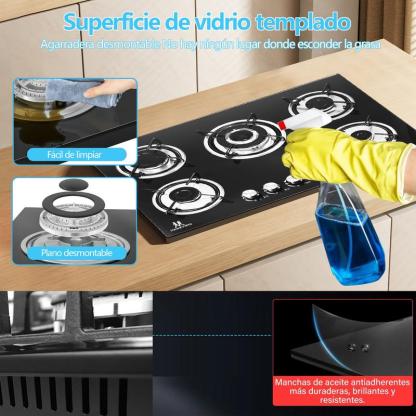 Estufa de Gas Empotrable 5 Quemadores, Vidrio Templado, Rejillas de Hierro Fundido, Encendido Automático, Alta Potencia 48300 BTU para Cocina Moderna