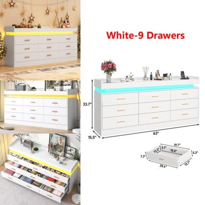Cómoda con luz LED y estación de carga, mueble con cajones de estilo moderno para armario, organizador de cajones amplio para dormitorio, sala de estar, entrada o pasillo
