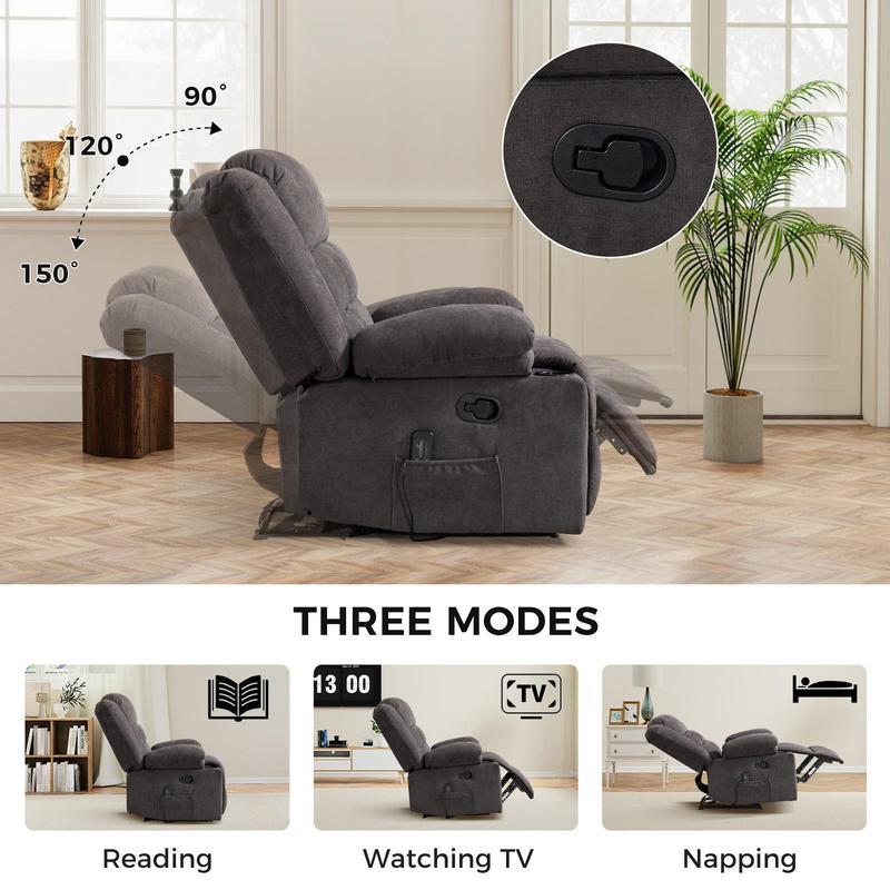 Sillón reclinable manual con masaje y calor, sillón de tela con portavasos y bolsillos de almacenamiento, cómodo y transpirable para la sala de estar