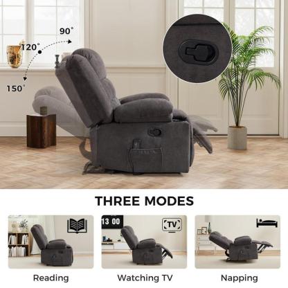 Sillón reclinable manual con masaje y calor, sillón de tela con portavasos y bolsillos de almacenamiento, cómodo y transpirable para la sala de estar