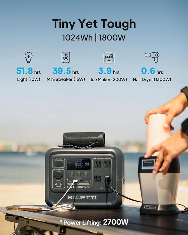Estación de energía portátil BLUETTI Elite 100 V2 de 1024 Wh, generador solar con batería LiFePO4, equipado con 4 tomas de CA de 1800 W (pico de 3600 W) para respaldo; un 35 % más compacto, ideal para acampadas y cortes de energía (panel solar opcional).