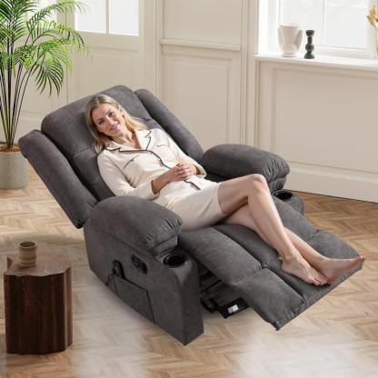 Sillón reclinable manual con masaje y calor, sillón de tela con portavasos y bolsillos de almacenamiento, cómodo y transpirable para la sala de estar