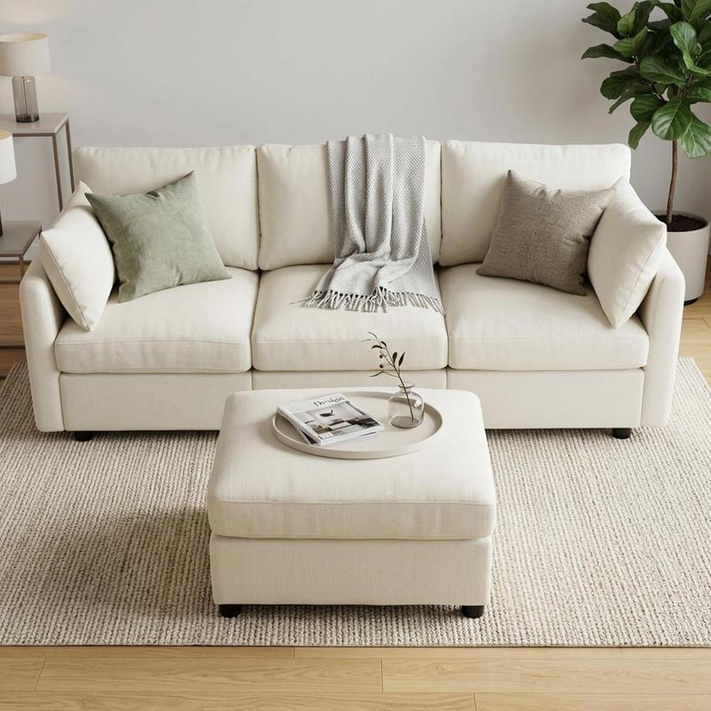 Conjunto de sofá modular en forma de L estilo «nube» – Sofá seccional de chenilla con otomana, cojines con muelles ensacados, diseño reconfigurable, tejido resistente a la formación de bolitas; mueble de salón moderno en color beige con asientos profundos