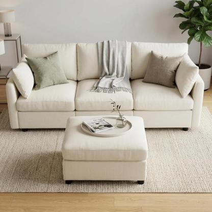 Conjunto de sofá modular en forma de L estilo «nube» – Sofá seccional de chenilla con otomana, cojines con muelles ensacados, diseño reconfigurable, tejido resistente a la formación de bolitas; mueble de salón moderno en color beige con asientos profundos
