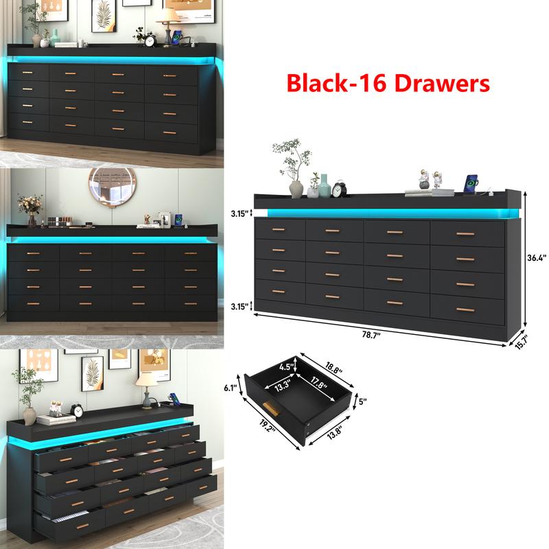 Cómoda con luz LED y estación de carga, mueble con cajones de estilo moderno para armario, organizador de cajones amplio para dormitorio, sala de estar, entrada o pasillo