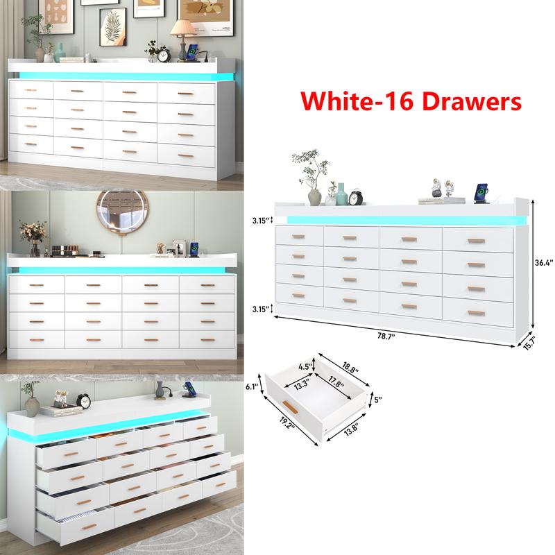 Cómoda con luz LED y estación de carga, mueble con cajones de estilo moderno para armario, organizador de cajones amplio para dormitorio, sala de estar, entrada o pasillo