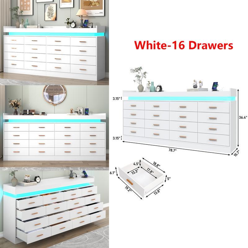 Cómoda con luz LED y estación de carga, mueble con cajones de estilo moderno para armario, organizador de cajones amplio para dormitorio, sala de estar, entrada o pasillo