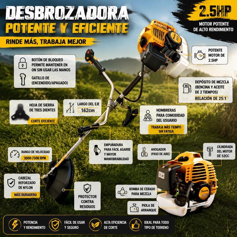 Desbrozadora Cortacésped de 2 Tiempos 52CC Alta Potencia sin Electricidad Herramienta Multifuncional para Cuidado de Jardín en Casa o Granja Ahorra Tiempo y Esfuerzo en el Corte del Pasto