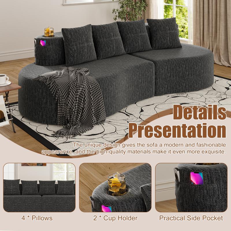 Sofá modular moderno en forma de L (sin estructura rígida visible) – Sofá de 3 plazas, cómodo y en tonos neutros, con reposabrazos horizontal, diseño curvo en forma de media luna, estética depurada, distribución flexible; ideal para la decoración de salas