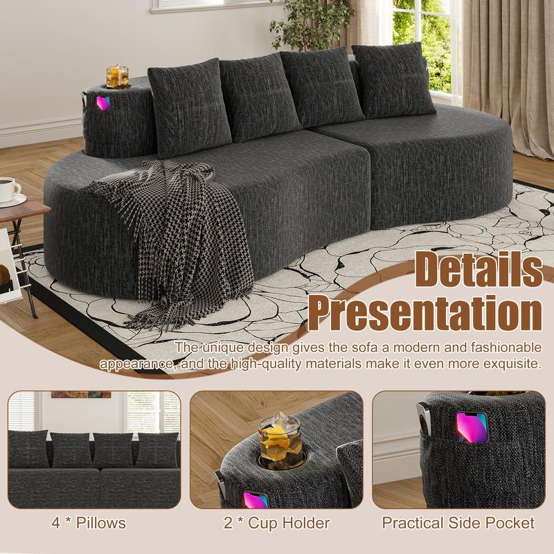 Sofá modular moderno en forma de L (sin estructura rígida visible) – Sofá de 3 plazas, cómodo y en tonos neutros, con reposabrazos horizontal, diseño curvo en forma de media luna, estética depurada, distribución flexible; ideal para la decoración de salas
