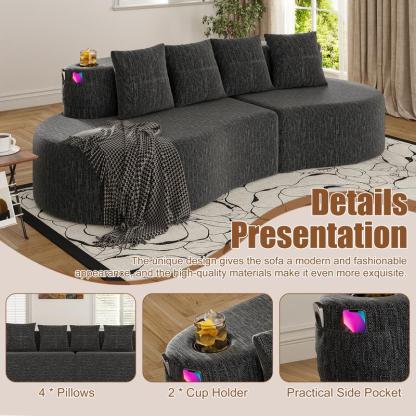 Sofá modular moderno en forma de L (sin estructura rígida visible) – Sofá de 3 plazas, cómodo y en tonos neutros, con reposabrazos horizontal, diseño curvo en forma de media luna, estética depurada, distribución flexible; ideal para la decoración de salas
