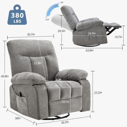 Sillón reclinable, giratorio y mecedora, de hierro resistente y estilo clásico; cuenta con rotación de 270°, tapizado en tela tipo chenilla, masaje por vibración, calefacción lumbar, reposapiés y temporizador; ideal para sala de estar y dormitorio.