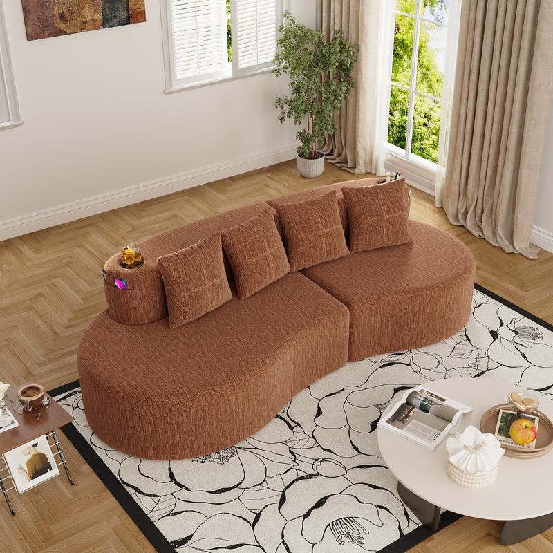 Sofá modular moderno en forma de L (sin estructura rígida visible) – Sofá de 3 plazas, cómodo y en tonos neutros, con reposabrazos horizontal, diseño curvo en forma de media luna, estética depurada, distribución flexible; ideal para la decoración de salas