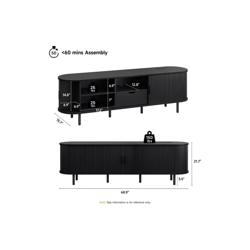 ONBRILL Modern Fluted TV Stand for Up to 70-Inch TVs - Sliding Doors and Storage