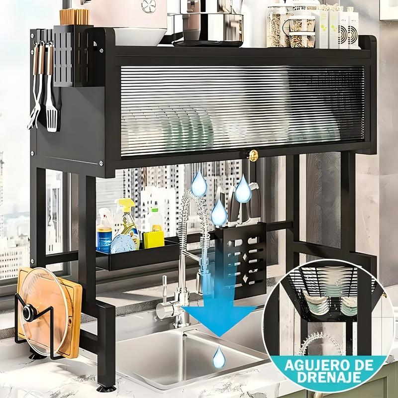 Escurridor de platos con solapa para sobre el fregadero, extensible, para encimera, con cubertero y escurridor, ahorra espacio. Organizador de platos de 3 niveles, cubertero, cesta, tabla de cortar, 6 ganchos (85 x 30 x 80 cm)