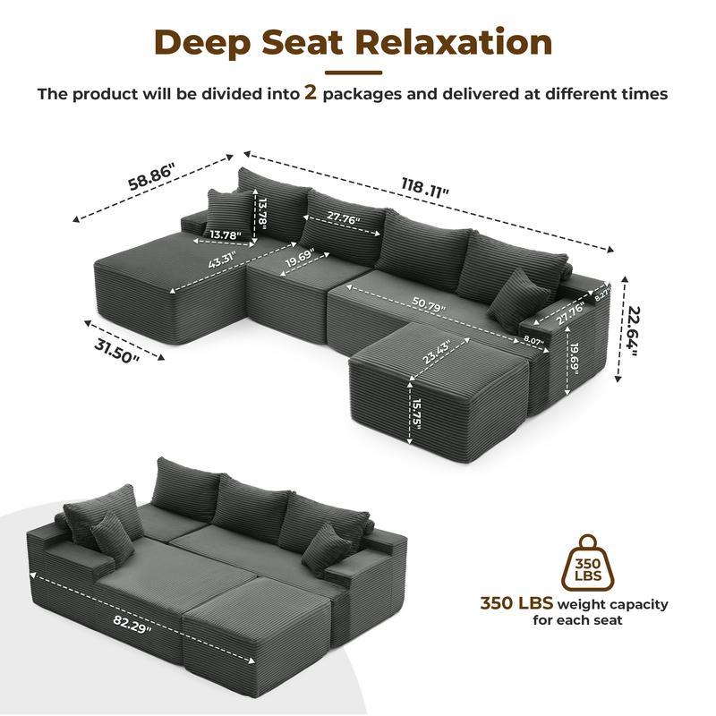 【1-2 paquetes】Sofá cama modular en forma de U/L de 118 pulgadas (sin estructura rígida), incluye 2 cojines; sofá modular extragrande de 6 plazas, cómodo sofá tipo «nube» tapizado en pana con asientos profundos, mullido y acogedor para la sala de estar; no