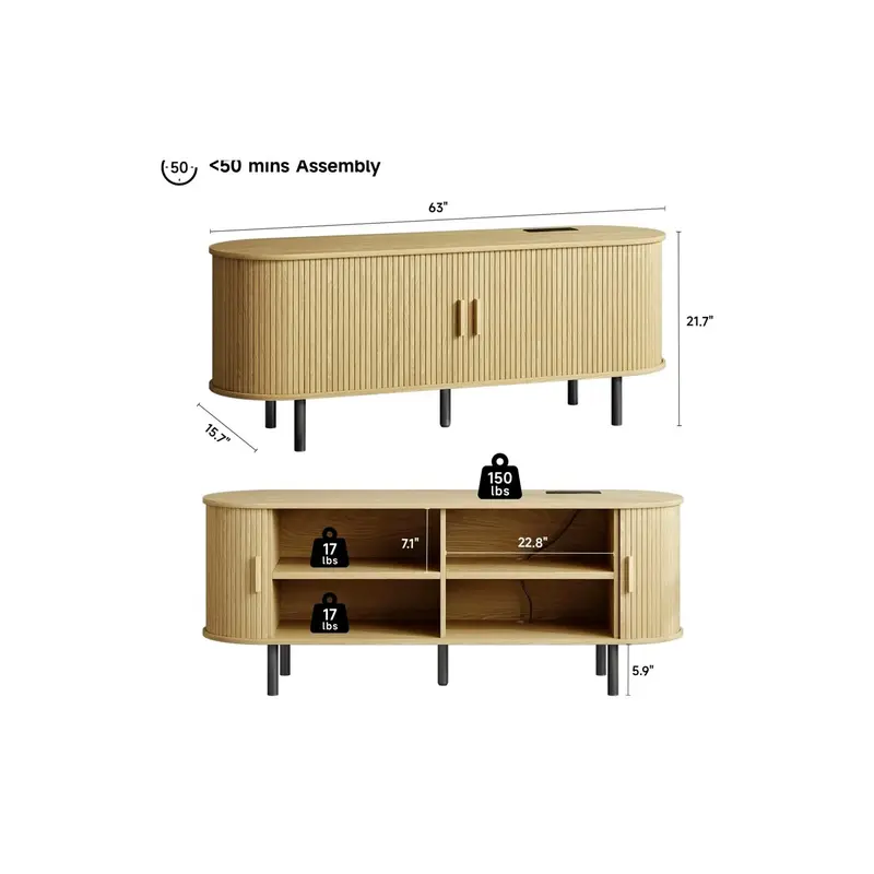 ONBRILL Modern Fluted TV Stand for Up to 70-Inch TVs - Sliding Doors and Storage