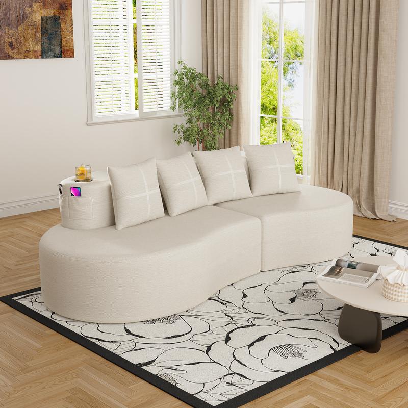 Sofá modular moderno en forma de L (sin estructura rígida visible) – Sofá de 3 plazas, cómodo y en tonos neutros, con reposabrazos horizontal, diseño curvo en forma de media luna, estética depurada, distribución flexible; ideal para la decoración de salas