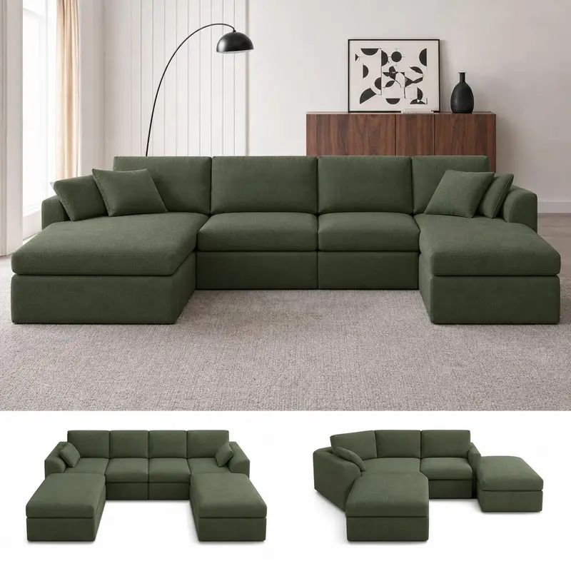 Sofá modular seccional en forma de L de 108 pulgadas, sin estructura, de tela, con otomana, sofá nube comprimido que no requiere montaje, cómodo mueble de apartamento con múltiples asientos para sala de estar familyfun