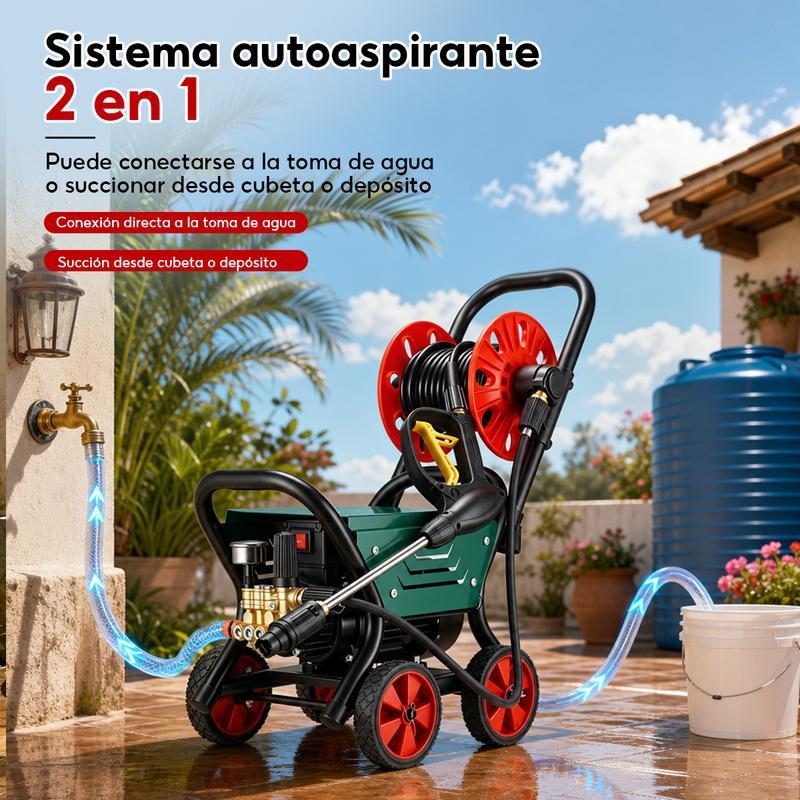 Hidrolavadora  127V 60Hz Alta Presión 400 Bar 12L/min Autoaspirante para Auto Moto Patio Piso con Espumador Carrete Manguera 10m y Ruedas