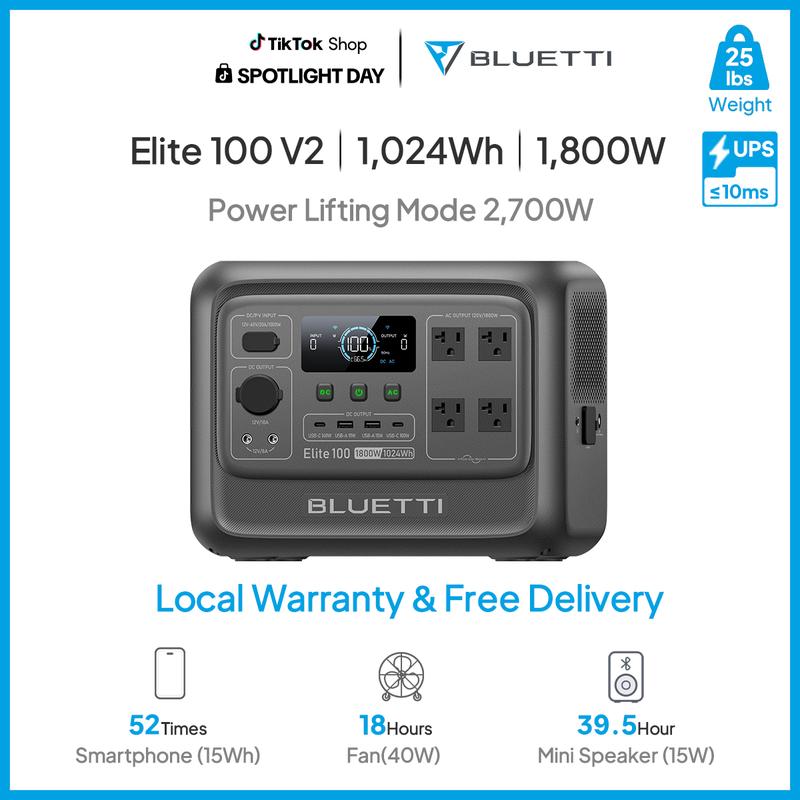 Estación de energía portátil BLUETTI Elite 100 V2 de 1024 Wh, generador solar con batería LiFePO4, equipado con 4 tomas de CA de 1800 W (pico de 3600 W) para respaldo; un 35 % más compacto, ideal para acampadas y cortes de energía (panel solar opcional).