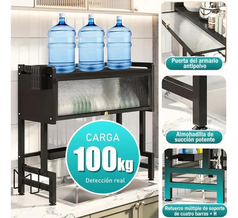 Escurridor de platos con solapa para sobre el fregadero, extensible, para encimera, con cubertero y escurridor, ahorra espacio. Organizador de platos de 3 niveles, cubertero, cesta, tabla de cortar, 6 ganchos (85 x 30 x 80 cm)