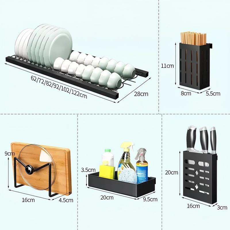 Escurridor de platos con solapa para sobre el fregadero, extensible, para encimera, con cubertero y escurridor, ahorra espacio. Organizador de platos de 3 niveles, cubertero, cesta, tabla de cortar, 6 ganchos (85 x 30 x 80 cm)
