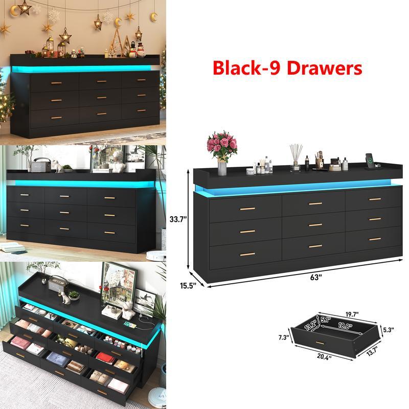 Cómoda con luz LED y estación de carga, mueble con cajones de estilo moderno para armario, organizador de cajones amplio para dormitorio, sala de estar, entrada o pasillo