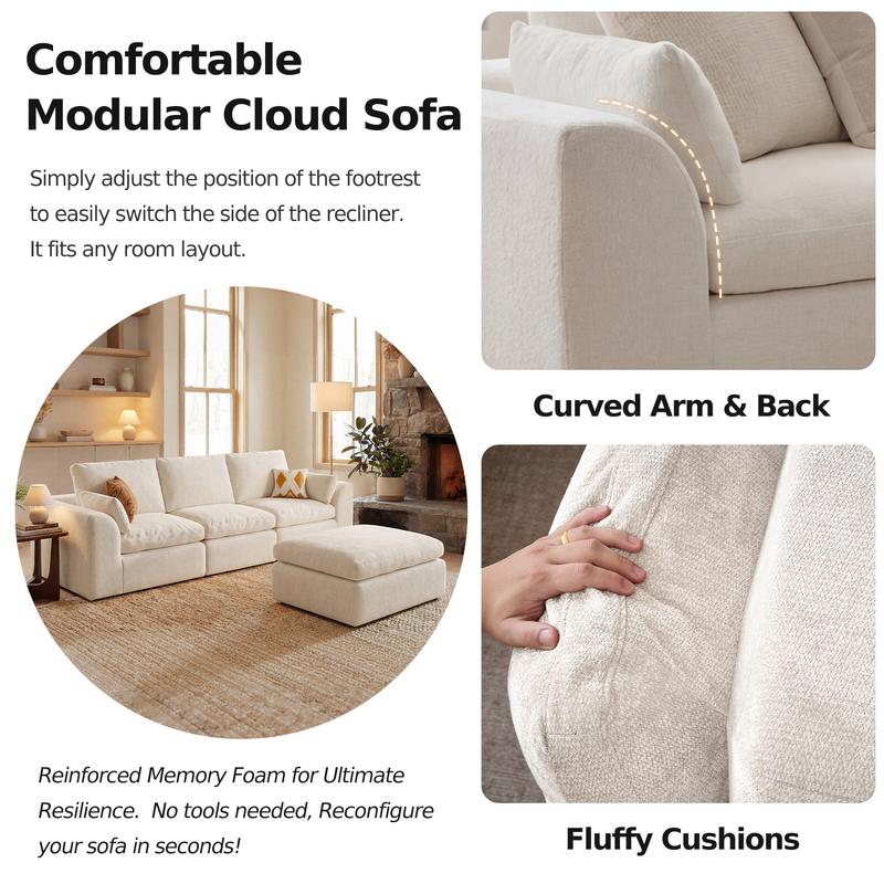 Sofá modular seccional en forma de L de 108 pulgadas, sin estructura, de tela, con otomana, sofá nube comprimido que no requiere montaje, cómodo mueble de apartamento con múltiples asientos para sala de estar familyfun