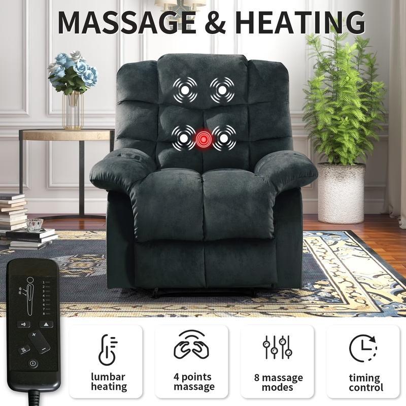 Sillón reclinable manual con masaje y calor, sillón de tela con portavasos y bolsillos de almacenamiento, cómodo y transpirable para la sala de estar