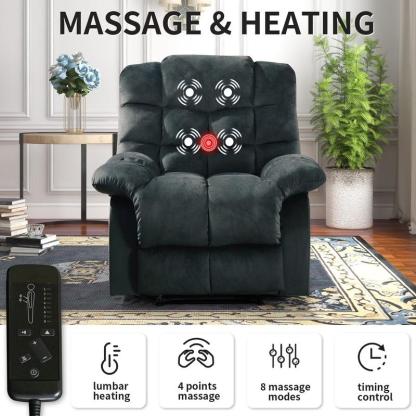 Sillón reclinable manual con masaje y calor, sillón de tela con portavasos y bolsillos de almacenamiento, cómodo y transpirable para la sala de estar