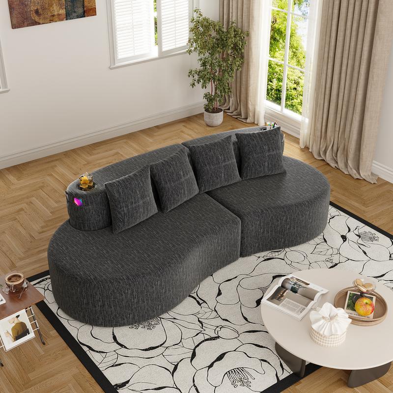 Sofá modular moderno en forma de L (sin estructura rígida visible) – Sofá de 3 plazas, cómodo y en tonos neutros, con reposabrazos horizontal, diseño curvo en forma de media luna, estética depurada, distribución flexible