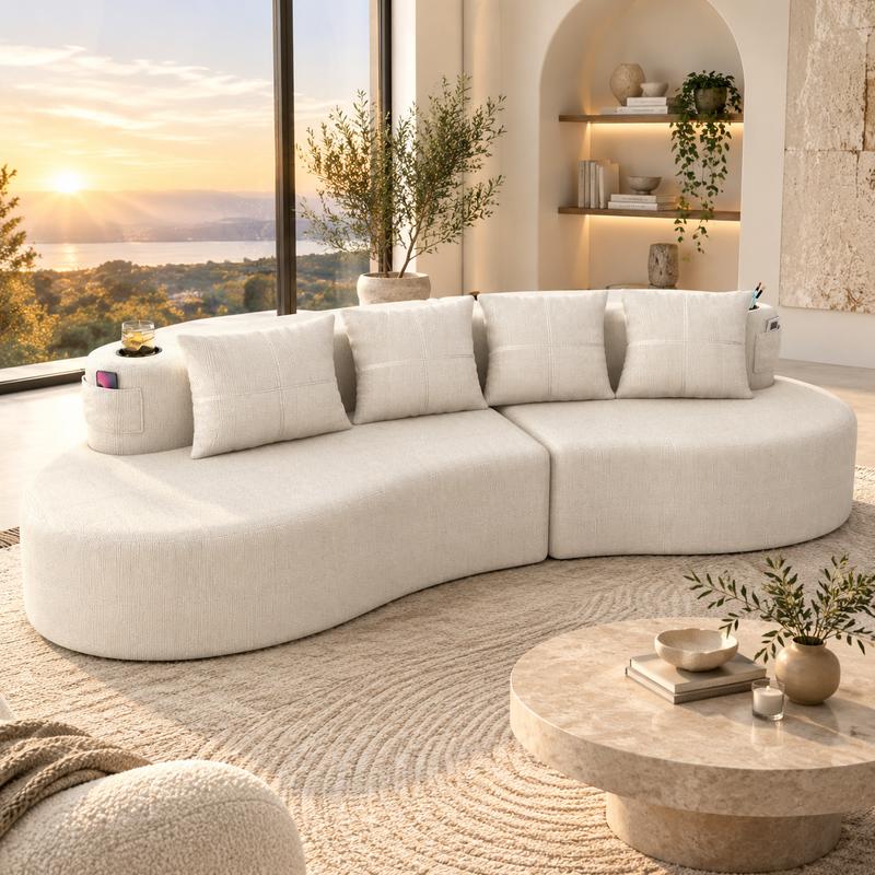 Sofá modular moderno en forma de L (sin estructura rígida visible) – Sofá de 3 plazas, cómodo y en tonos neutros, con reposabrazos horizontal, diseño curvo en forma de media luna, estética depurada, distribución flexible; ideal para la decoración de salas