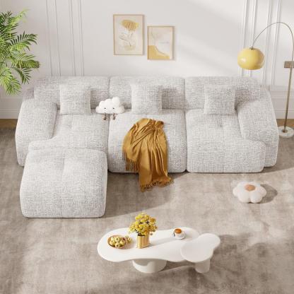 Sofá seccional en forma de L, robusto y tapizado (122 pulgadas) – Sofá moderno de 4 plazas en tejido tipo chenilla, modelo tipo «nube»; sofá convertible preensamblado con brazos fijos, tela transpirable y otomana configurable para la sala de estar. La oto