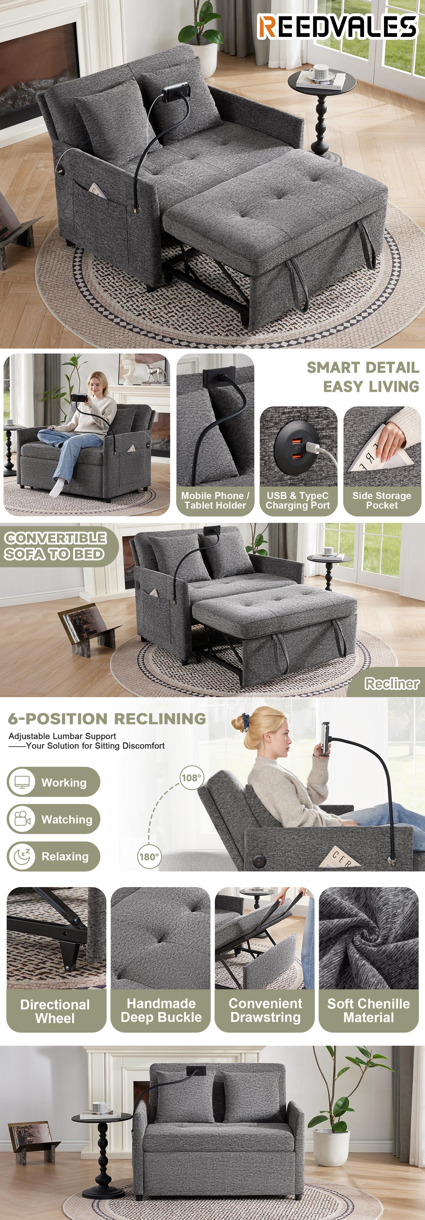 Sleeper Loveseat with USB and Type-C Ports, 3 in 1 Convertible Sofa Bed with Phone Holder, Pull Out Sofa Bed, Loveseat Sleeper Sofa for Living Room, Adjustable Backrest, Side Pockets,