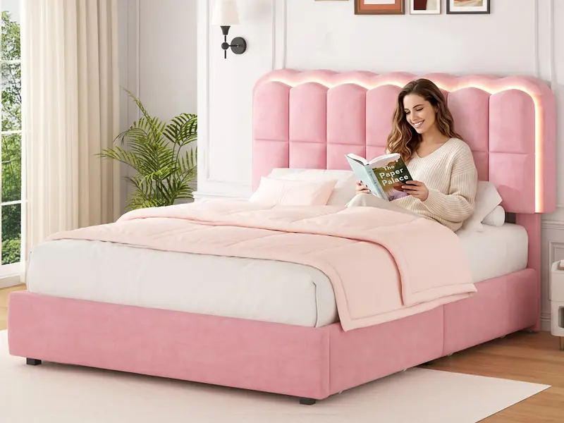 Mraeer Modern Bed Frame with 4 Big Storage Drawers for Queen/Full/Twin Size, Luxury Upholstered Platform LED Bed Frame with Built-in Charging Station & Shelf on Headboard - Contemporary Furniture, Dorms, Attic, Guestroom, 1000LBS Capacity