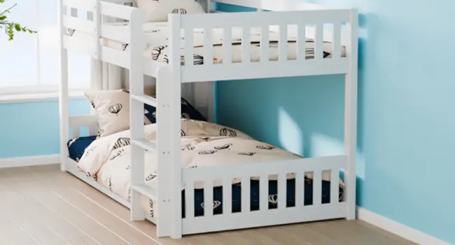 JOYMOR Solid Wood Low Twin Over Twin Bunk Bed for Kids/Junior, Bunk Bed Frame with Guardrails & Ladder for Boys Girls, No Box Spring Needed