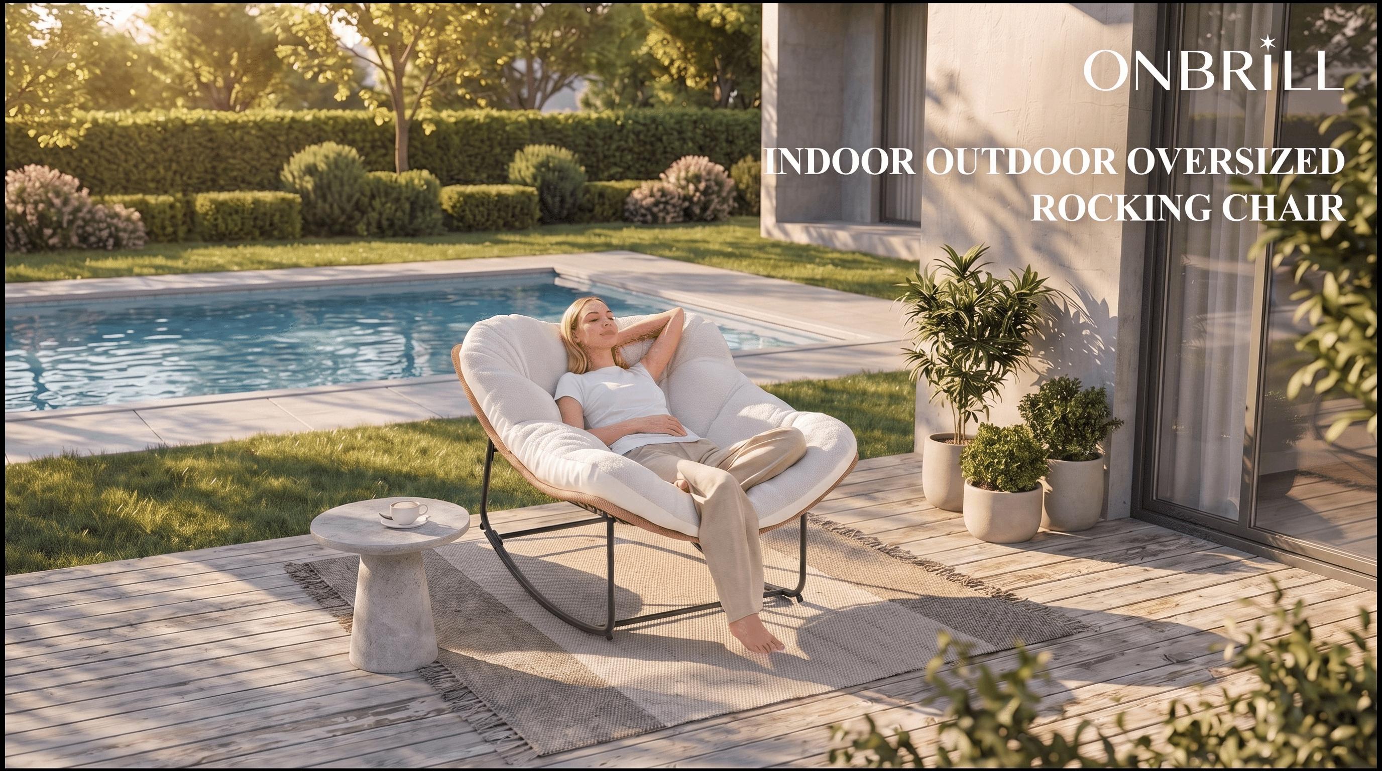 【Double-Side Fabric】ONBRILL Oversized Indoor Outdoor Rocking Chairs, Comfy Papasan Rocking Chair with Padded Cushion, Rattan Wicker Lounge Chair, Modern Reading Accent Chair for Balcony Garden, LivingRoom Furniture,Christmas Gift【SummerFinds】