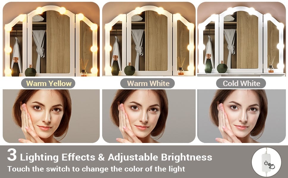 SIKAIC Makeup Vanity Set with LED Mirror, Small Dressing Table with Stool & Chair, White Bedroom Vanity Furniture Set,dorm essentials,home decor
