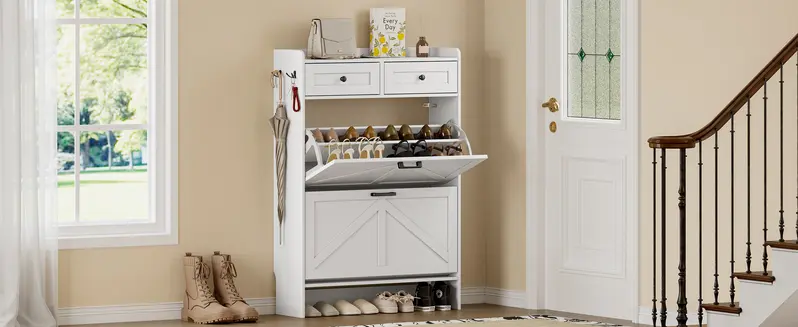 Wood Farmhouse Narrow Footwear Organization Drawer Dresser Cabinet - Black, 9.25d x 29.92w x 42.72h, 2 Flip Compartments, Top Drawer, Adjustable Shelves, Hooks, Freestanding Hidden Rack, Home Furniture, Room Storage Organizer for Entryway