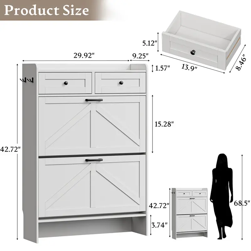 Wood Farmhouse Narrow Footwear Organization Drawer Dresser Cabinet - Black, 9.25d x 29.92w x 42.72h, 2 Flip Compartments, Top Drawer, Adjustable Shelves, Hooks, Freestanding Hidden Rack, Home Furniture, Room Storage Organizer for Entryway