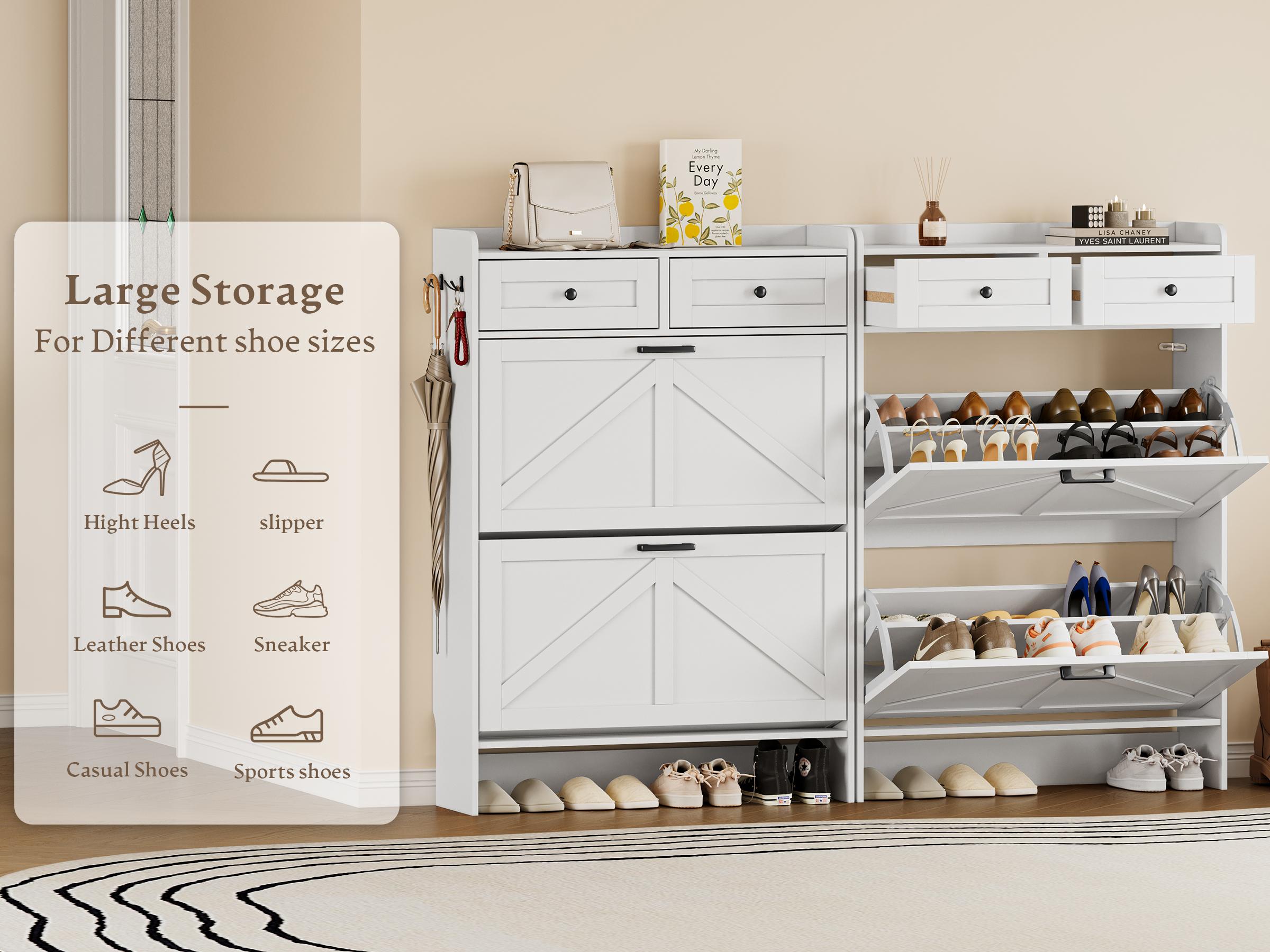Shoe Storage Cabinet for Entryway, Farmhouse Narrow Shoe Cabinet with 2 Flip Drawers & Top Drawers, Adjustable Shelves & Hooks, Freestanding Hidden Rack Organizer for Hallway, Foyer Footwear Organization fathers day gift ideas,dorm essentials,home decor