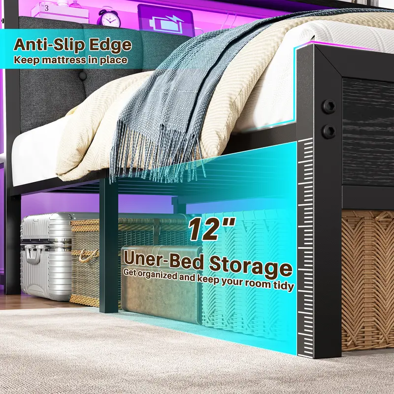 Base de Cama con Cabecera Tapizada LED, Repisa y Estación de Carga