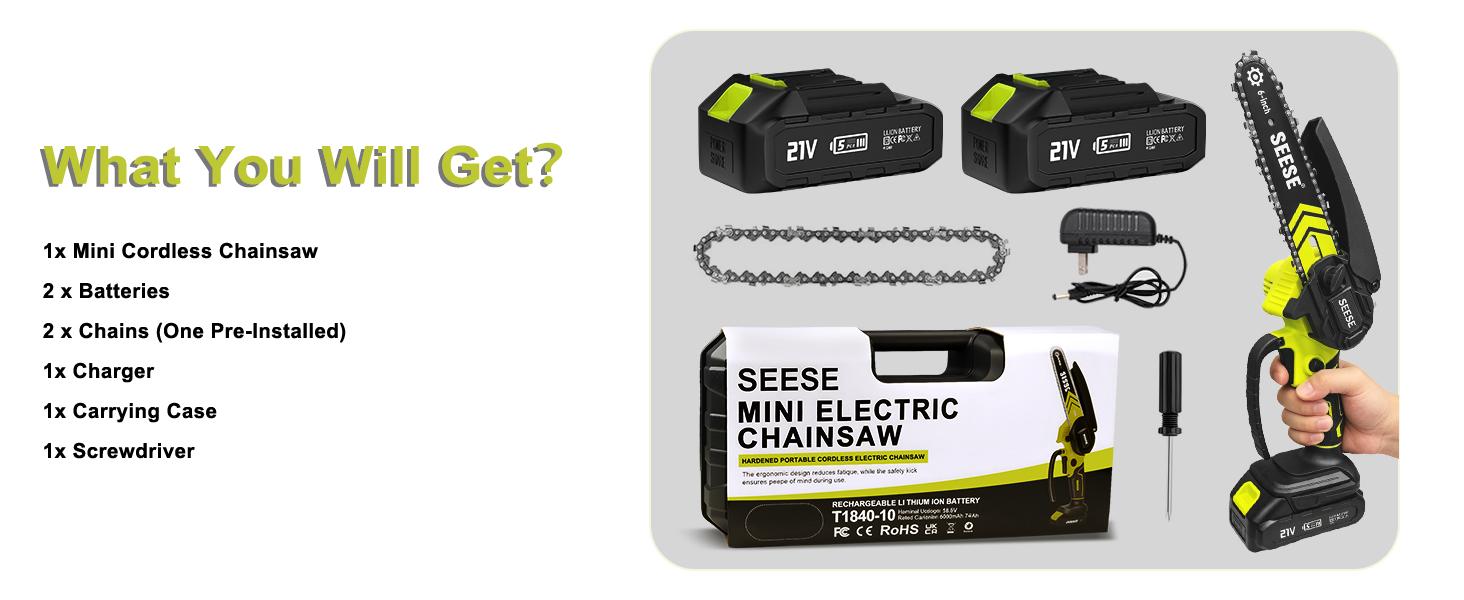 SEESE 6-Inch Brushless Mini Chainsaw with Automatic Oiling System, Portable Cordless Electric Chain Saw for Wood Cutting, Pruning, Gardening & Camping, 2000mAh Battery Included, Suitable for Seniors & Women SEESE 6-Inch Brushless Mini Chainsaw with Automatic Oiling System, Portable Cordless Electric Chain Saw for Wood Cutting, Pruning, Gardening & Camping, 2000mAh Battery Included, Suitable for Seniors & Women