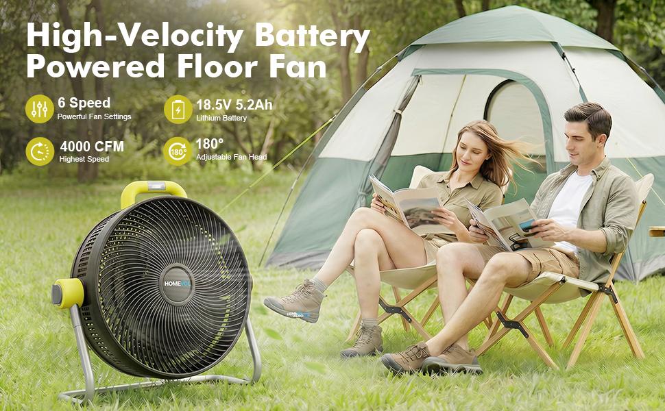 HOMEVOL 20 Inch High Velocity Cordless Floor Fan, 18.5V 5.2Ah Rechargeable Battery Powered 4000 CFM Industrial fan with Carry Handle & Led Light, 6-Speed, 180° Adjustable Tilt, Up to 30 Hours, UL Listed HOMEVOL 20 Inch High Velocity Cordless Floor Fan, 18.5V 5.2Ah Rechargeable Battery Powered 4000 CFM Industrial fan with Carry Handle & Led Light, 6-Speed, 180° Adjustable Tilt, Up to 30 Hours, UL Listed