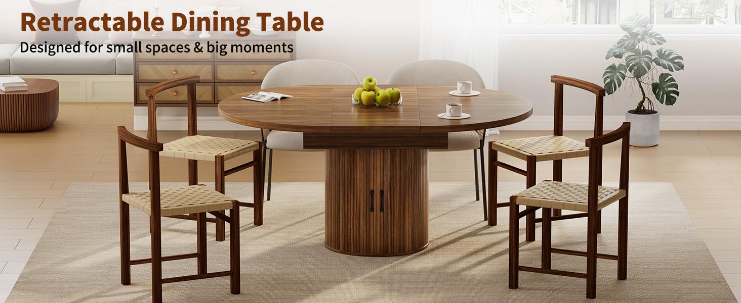 FUSOU 43'' to 59'' Extendable Round Dinning Table for 4-6-8, Dinning Room Kitchen Table with Storage, 43''-59'' Oval Circle Dinner Table with Wood Silde Door for Kitchen, Dining Room, Apartment, Walnut