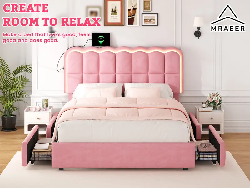 Mraeer Modern Bed Frame with 4 Big Storage Drawers for Queen/Full/Twin Size, Luxury Upholstered Platform LED Bed Frame with Built-in Charging Station & Shelf on Headboard - Contemporary Furniture, Dorms, Attic, Guestroom, 1000LBS Capacity