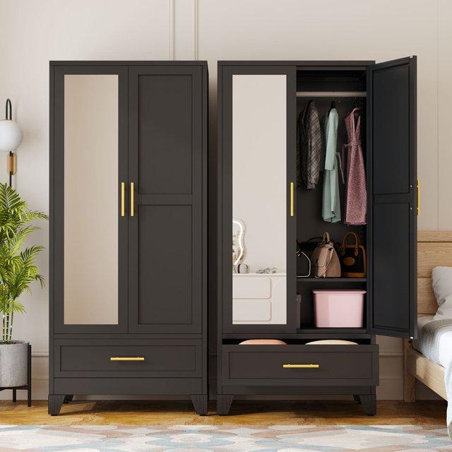 GEITIN Single Unit Cold Rolled Steel Mirrored Armoire Closet - 70.87"H Adjustable High Load-Bearing Rust Resistant Metal Wardrobe, Clothing Organization Storage with Hanging Rod, Mirror, 2 Drawers for Bathrooms to Hang Coats & Dresses