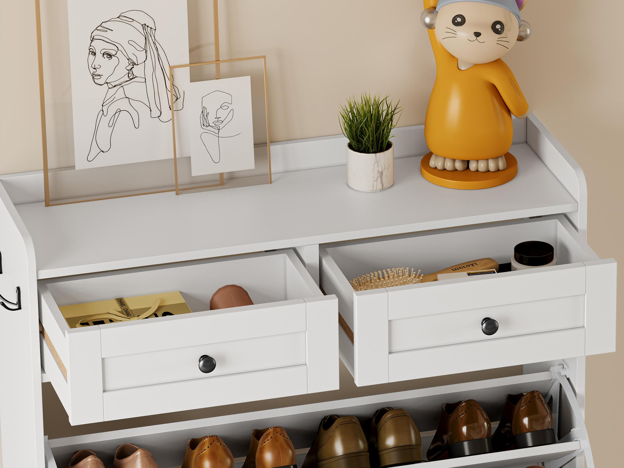 Shoe Storage Cabinet for Entryway, Farmhouse Narrow Shoe Cabinet with 2 Flip Drawers & Top Drawers, Adjustable Shelves & Hooks, Freestanding Hidden Rack Organizer for Hallway, Foyer Footwear Organization fathers day gift ideas,dorm essentials,home decor